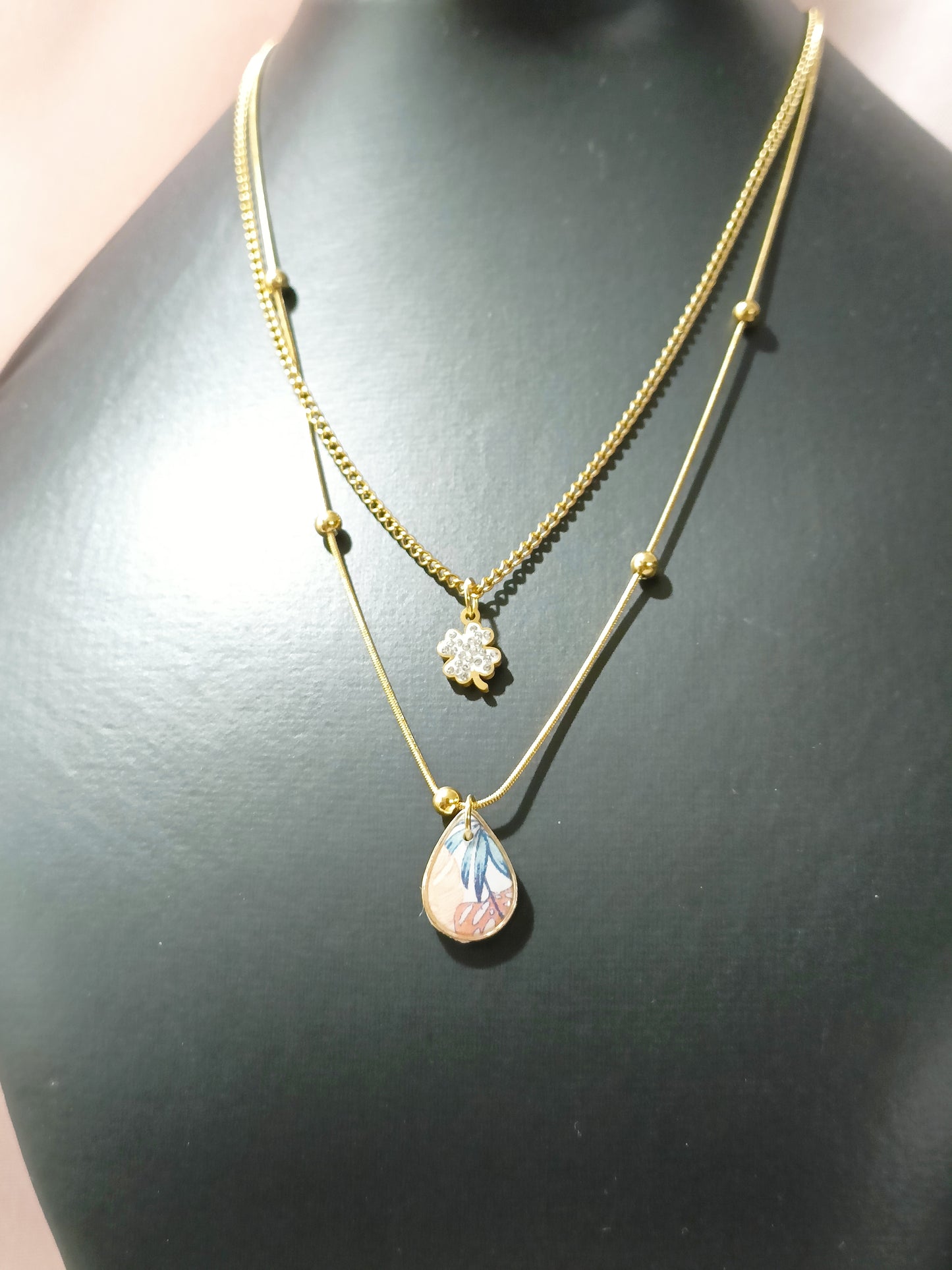 Collana doppia goccia quadrifoglio